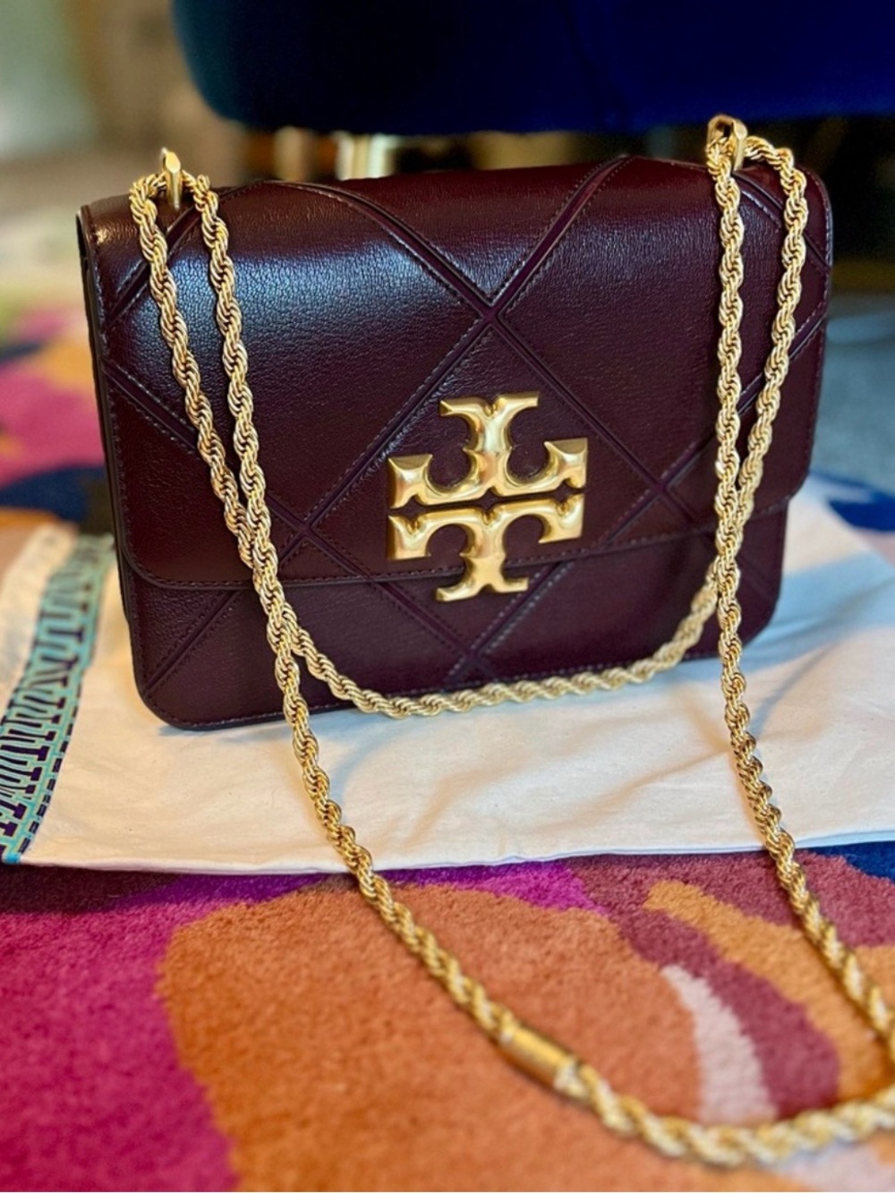 Tory Burch Quilted Leather Crossbody in Burgundy with Gold Hardware